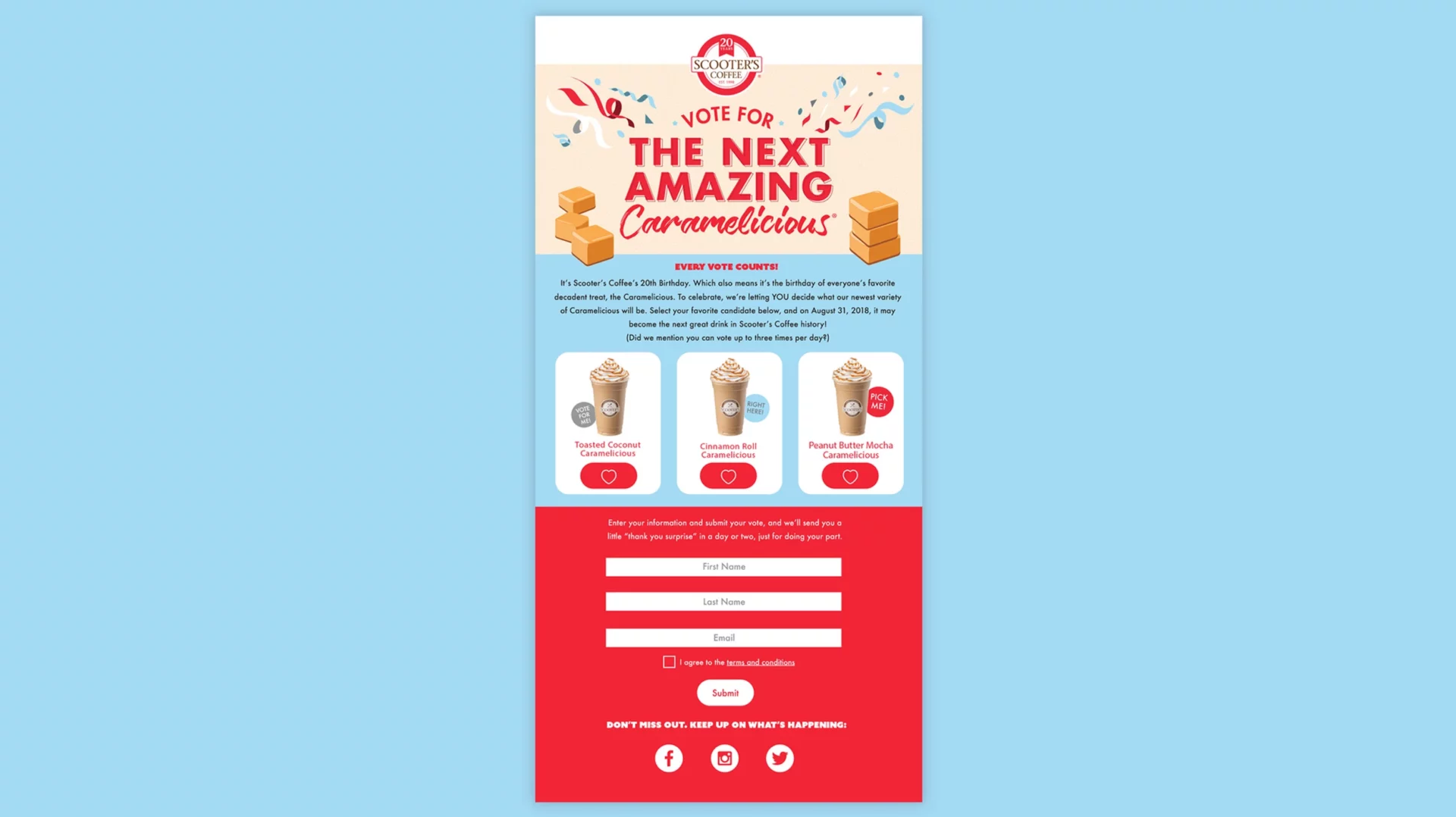 Engaging voting flyer design for a coffee creamer flavor contest with a catchy headline, colorful icons, and clear call-to-action buttons.