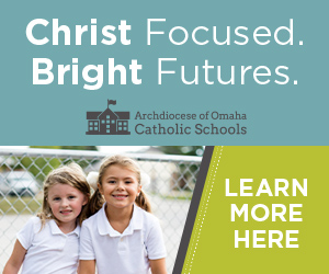 Promotional banner for the archdiocese of omaha catholic schools, highlighting a faith-based educational approach and inviting viewers to learn more about their programs for children's bright futures.