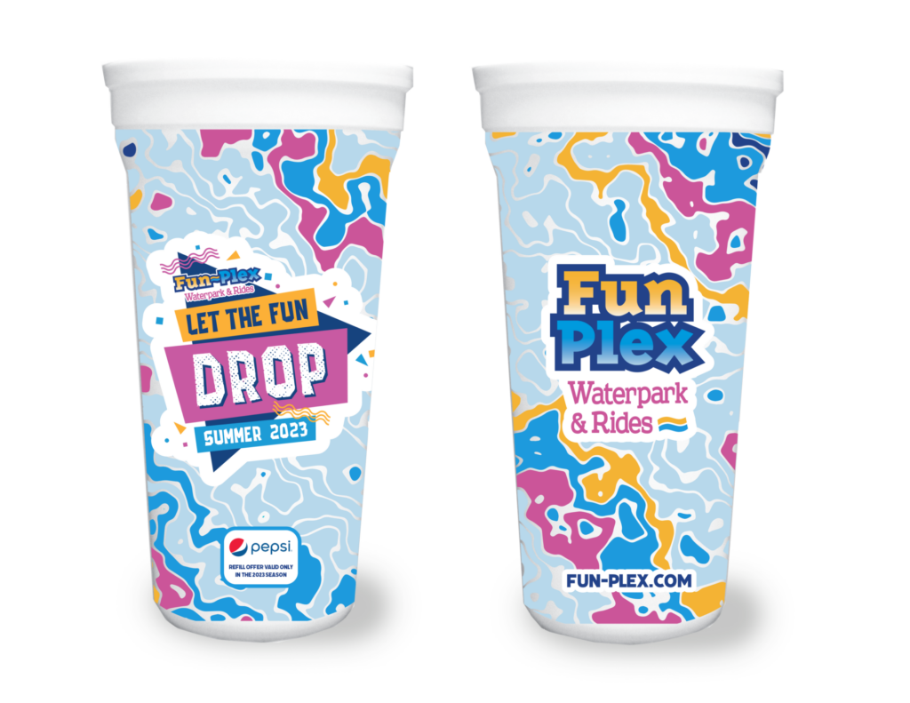 Two colorful promotional beverage cups for fun plex, featuring vivid abstract designs and details about the "let the fun drop" event for summer 2023, sponsored by pepsi.