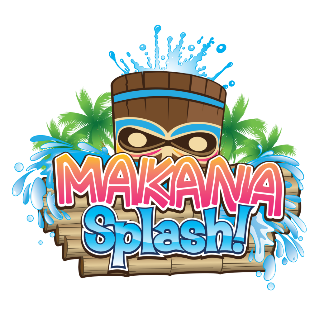 A vibrant and tropical-themed logo featuring the words "makana splash!" with stylized splashing water effects, an illustrated wooden tiki mask, and lush green palm fronds, alluding to a fun and refreshing water-related experience or attraction.