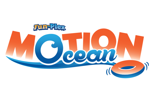 The image shows a vibrant logo for "fun-plex motion ocean" featuring bold, stylized text with a playful water wave effect and a floating ring, suggesting an aquatic or water park theme.