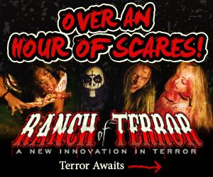 A chilling advertisement for "ranch of terror" featuring horrifying characters promising over an hour of scares. terror awaits those who dare to enter.