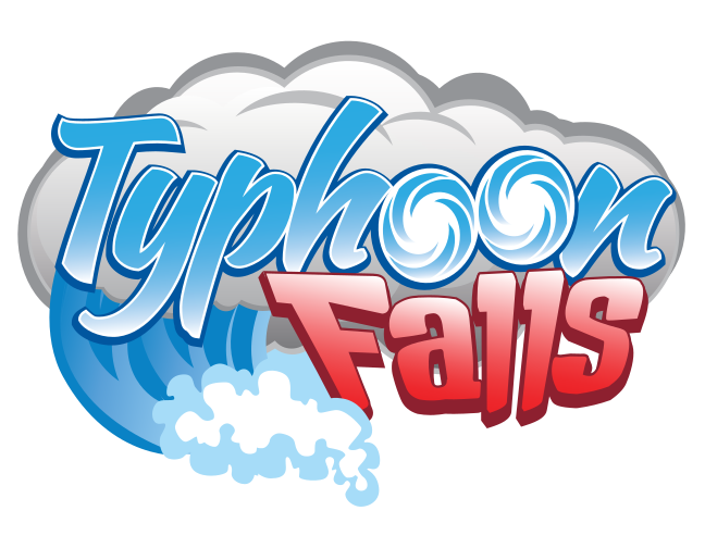 A bold and dynamic logo for "typhoon falls," featuring stylized text that emulates a crashing wave enveloped by clouds, conveying the intensity and excitement of a water-themed attraction.