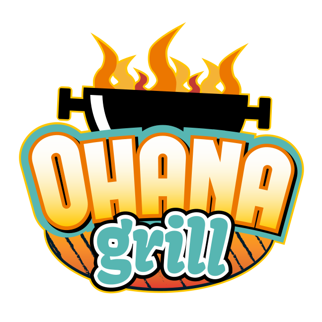 A vibrant logo for "ohana grill" featuring fiery flames atop a grill with bold, stylized lettering and a tropical wood background.